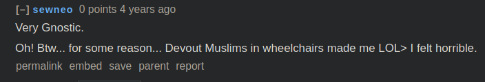Reddit.com "Very Gnostic. Oh! Bw... for some reason... Devout Muslims in wheelchairs made me LOL> I felt horrible."